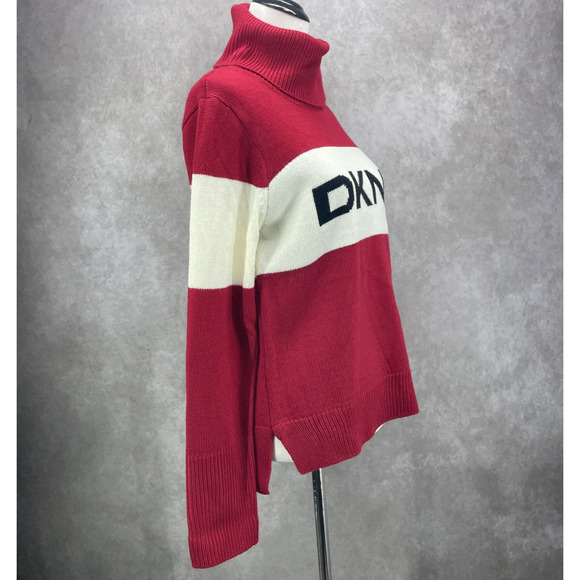 DKNY Womens SM Red White Logo Knit Turtle Neck Sweater Preppy Holiday - Picture 3 of 10